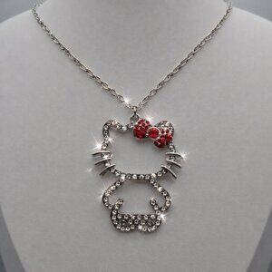 Hello Kitty Red Bow Crystal Pendant Silver Chain Crystal Rhinestone Cute